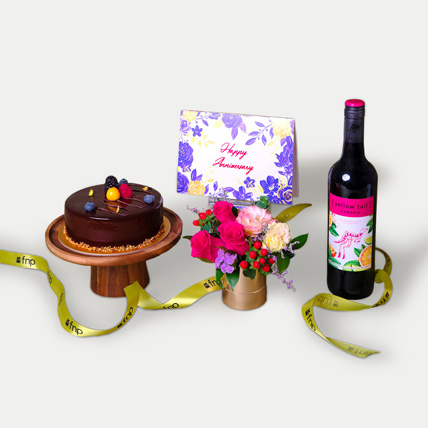 Anniversary Wishes Gift Arrangement: Flower Bouquet with Wine