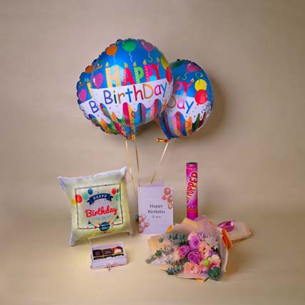 Birthday Surprise Gift Arrangement: Flower Bouquet with Personalised Gift