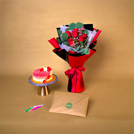 Roses N Chocolate Cake Surprise Combo: Send Greeting Card with Flowers