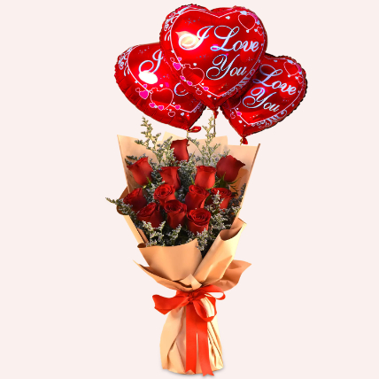 Red Roses & Limonium Beautifully Tied Bouquet with I Love You Balloon Set: Propose Day Gifts