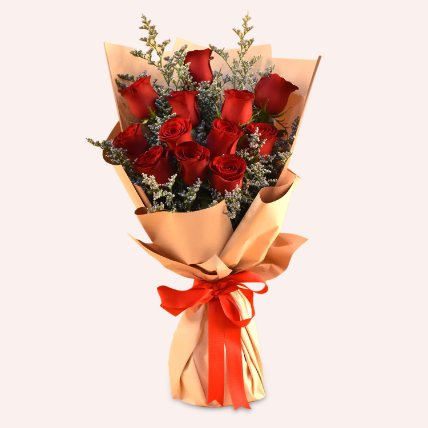 Red Roses & Limonium Beautifully Tied Bouquet: Same Day Delivery Gifts - Order Before 7 PM(SGT)