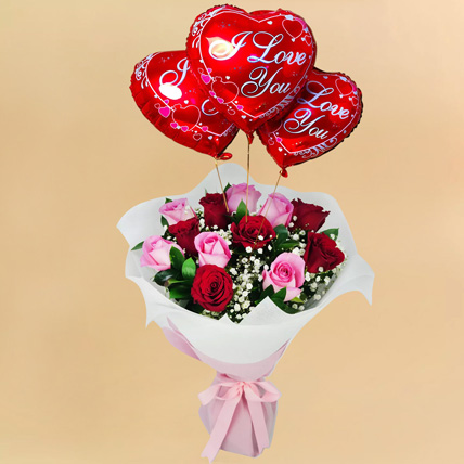 6 Pink & 6 Red Roses Pretty Bouquet with I Love You Balloons: Valentine's Day Bouquet