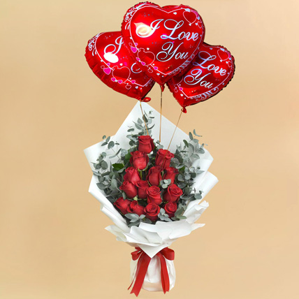 15 Red Roses And Million Smiles with I Love You Balloons: Valentine's Day Bouquet