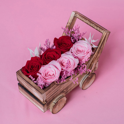 Preserved Roses Arrangment In a Cart: Valentines Flowers