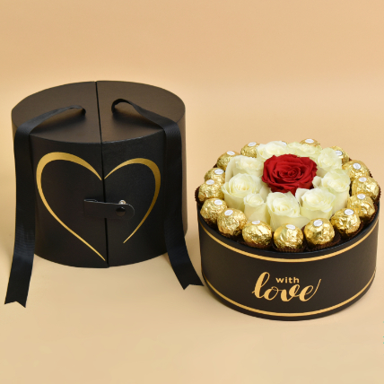 Roses with Chocolate In Black Love Box: Valentines Chocolates