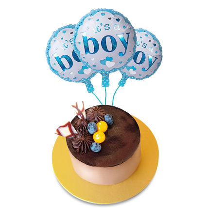 Tempting Chocolate Cake With It's Boy Balloons Set: Newborn Baby Gifts