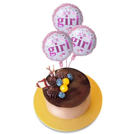 Tempting Chocolate Cake With It's Girl Balloons Set: Gifts for New Born