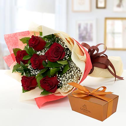 6 Red Roses and Godiva Chocolate Combo JD