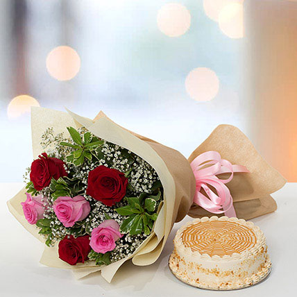 Delightful Roses Bouquet With Butterscotch Cake JD