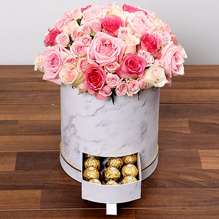 Box Of Pink Roses And Chocolates