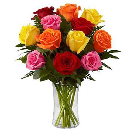 Dozen Mix Roses in a Glass KT