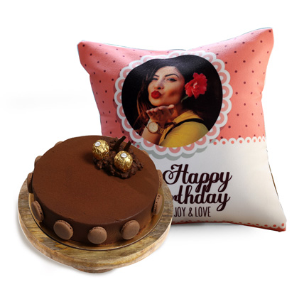 Joyful Birthday Cushion With Ferrero Rocher Cake