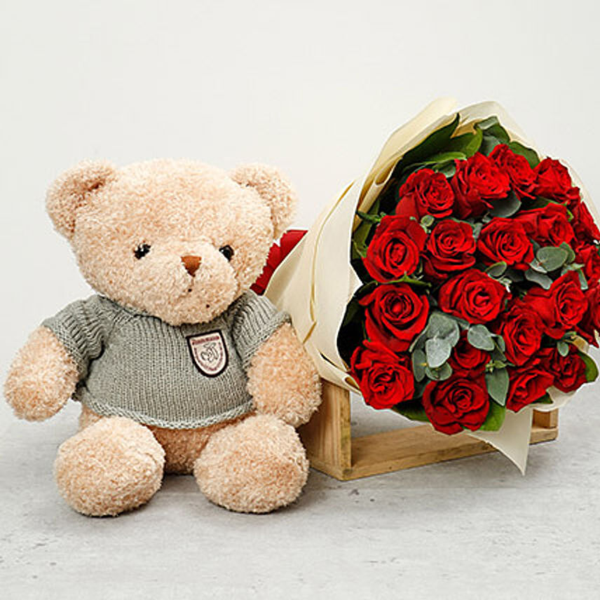 Online Adorable Brown Teddy Bear and Red Roses Bouquet Gift Delivery in ...