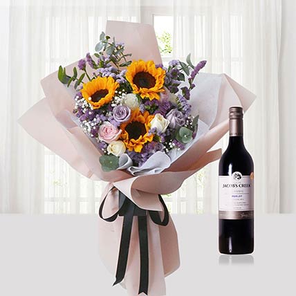 Mixed Flowers Bouquet N Wine Combo