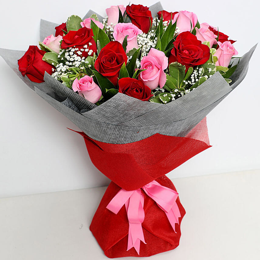 Online 20 Dual Color Roses Bouquet with Brown Teddy Gift Delivery in ...