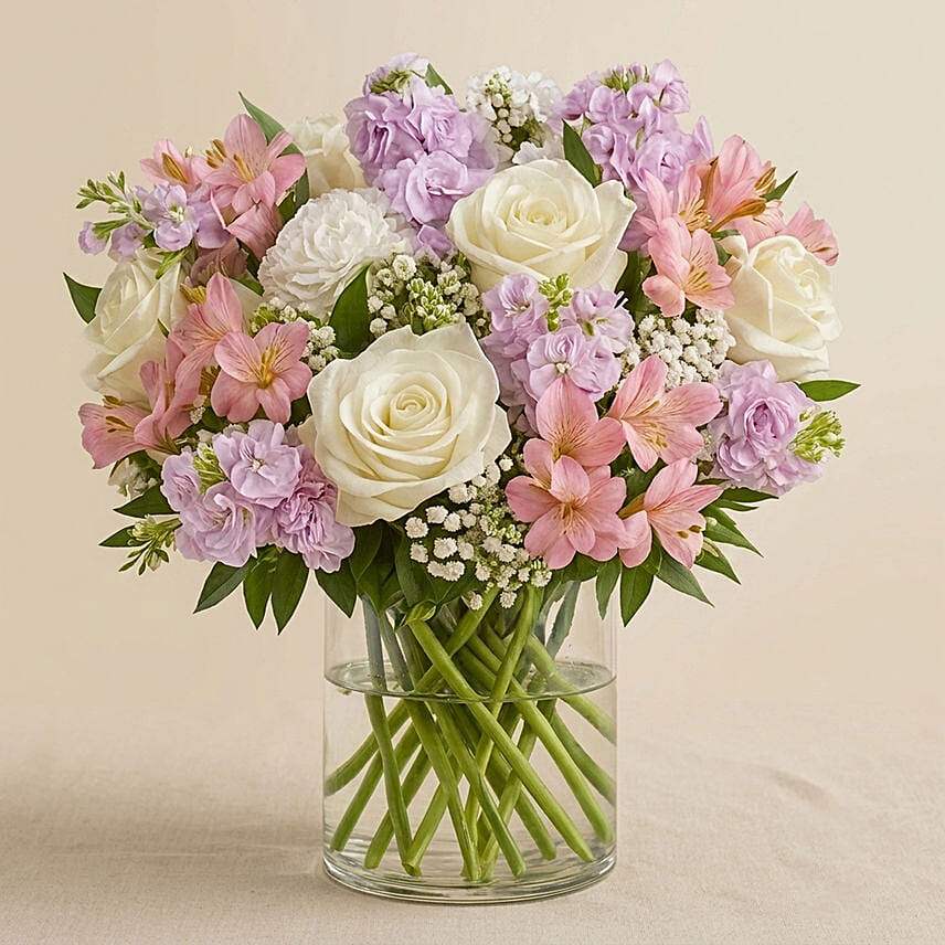 Online Pink With White Floral Bunch In Glass Vase Gift Delivery in ...