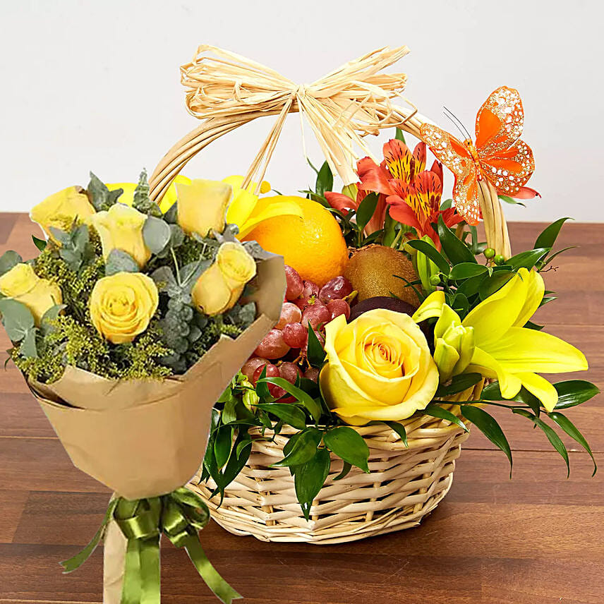 Online Fresh Flowers & Fruits Basket With Yellow Roses Gift Delivery In 