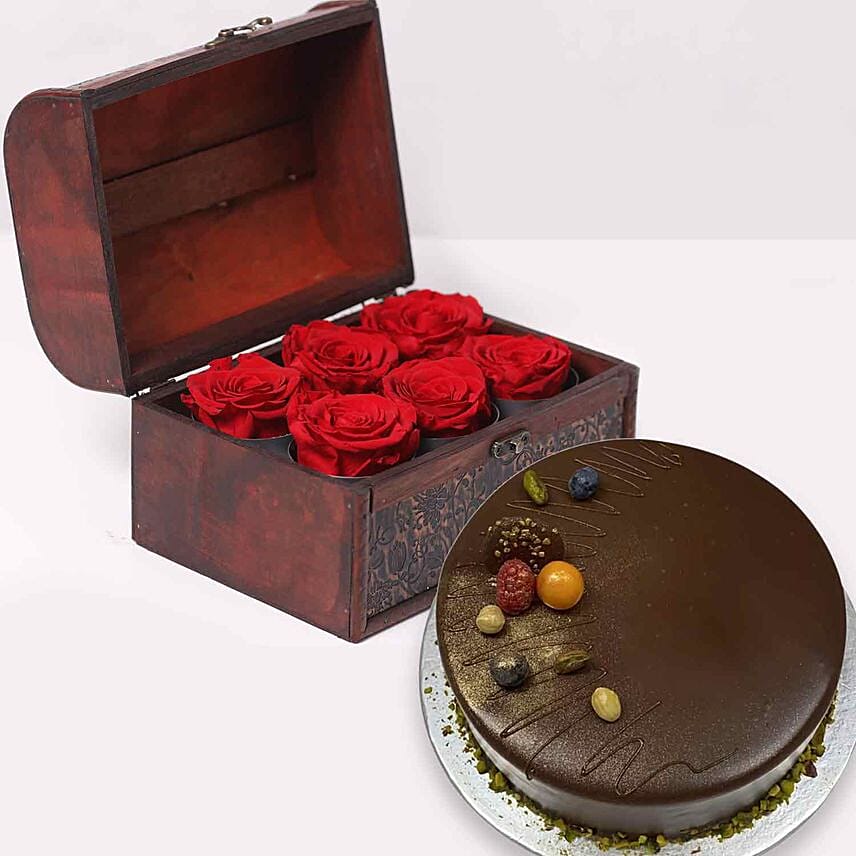 Online 6 Red Forever Roses In Treasure Box & Chocolate Cake Gift ...