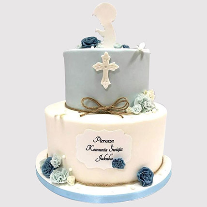 Blue and White Christening Black Forest Cake