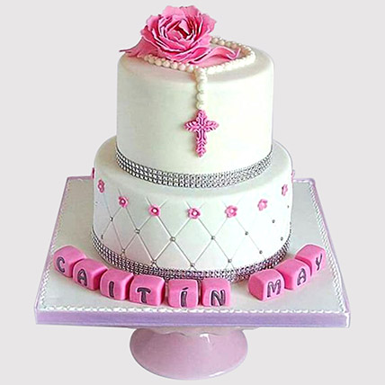 Pretty Pink Floral Christening Truffle Cake