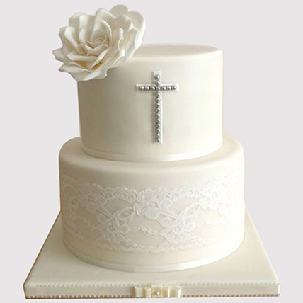 Pretty White Floral Christening Butterscotch Cake