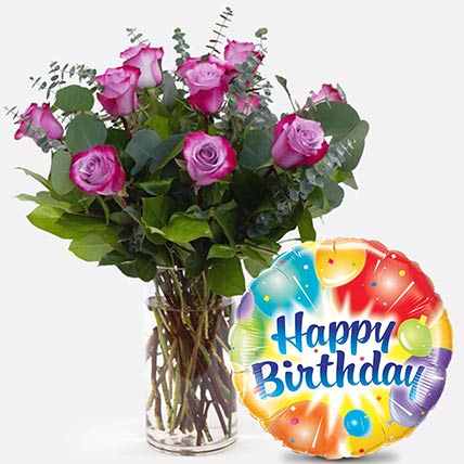 Online 12 Purple Roses Glass Vase Arrangement with Birthday Balloon ...