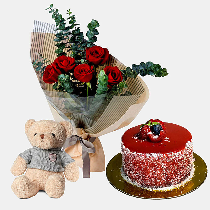 Online Red Roses Bouquet With Cake and Teddy Gift Delivery in Singapore ...