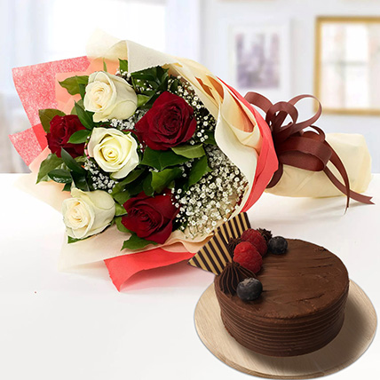 Beauty Of Red N White Roses With Chocolate Cake