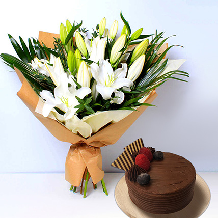 White Beauty Lilies Bouquet With Chocolate Cake