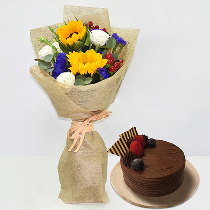 Appealing Mixed Flowers Bouquet With Chocolate Cake