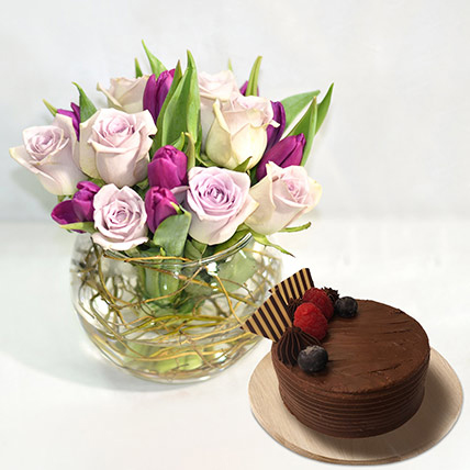 Beautiful Tulips Roses In Fish Bowl With Chocolate Cake
