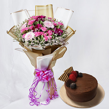 Heavenly Mixed Flowers With Chocolate Cake