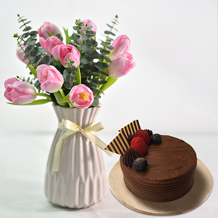 Mesmerising Tulips In Ceramic Vase With Cake