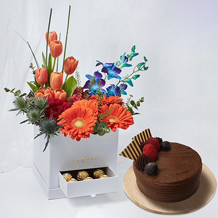 Premium Mixed Flowers Box Arrangement With Cake