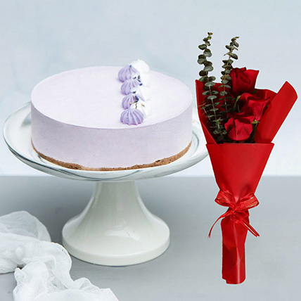 Lavender Earl Cream Cake With Red Roses Bouquet
