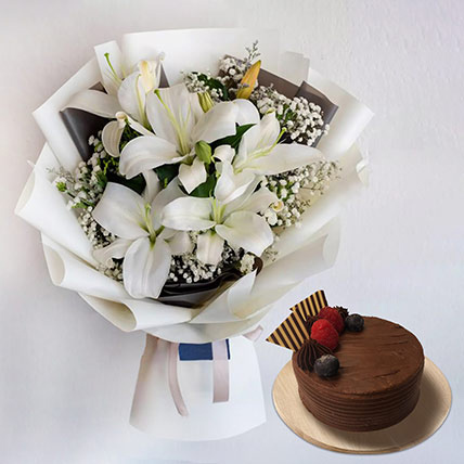 Charming White Lilies Bouquet With Chocolate Cake