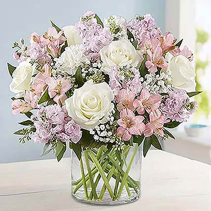 Pink With White Floral Bunch In Glass Vase
