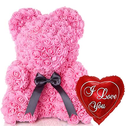 Artificial Roses Pink Teddy Bear With I Love You Balloon For Valentines