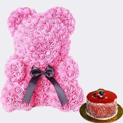 Artificial Roses Pink Teddy Bear With Mini Mousse Cake For Valentines