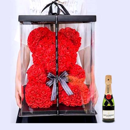 Artificial Roses Red Teddy Bear With Mini Moet Champagne 200 Ml For Valentines