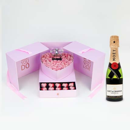 Roses With Perfume In Box With Mini Moet Champagne