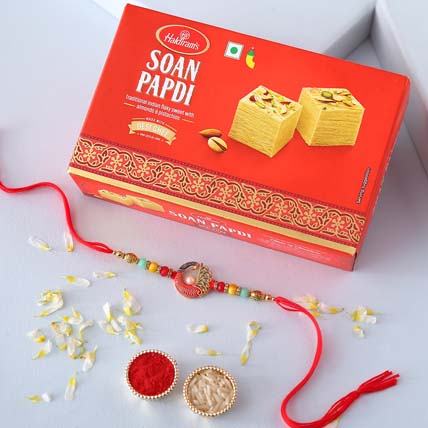 Sneh Colourful Pearls Rakhi & Soan Papdi