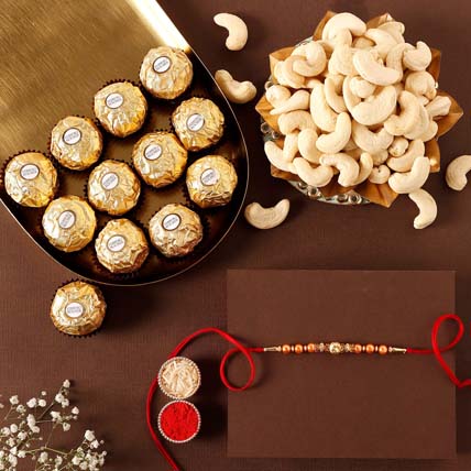 Sneh Rose Gold Rakhi With Cashews & Ferrero Rocher