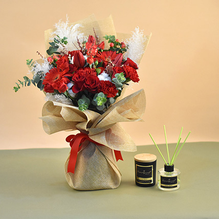Gorgeous Mixed Flowers Bunch With Candle & Diffuser