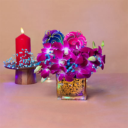Orchids Vase N Diyas Diwali Combo