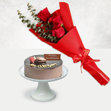 Appetizing Birthday Cake with Red Roses Bouquet