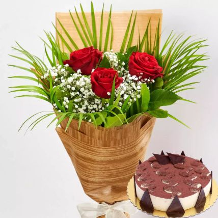 3 Red Roses & Tiramisu Cake 4 Portions