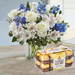 Blue And White Floral Bunch With 16 Ferrero Rocher