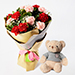 Appealing Mixed Carnations Bouquet With Teddy Bear