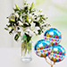 Charm Of White With Lilies And Roses With Birthday Balloons